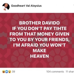 250M Donation: “You Won’t Make Heaven If You Don’t Pay Tithe From That Money” – Pastor Drags Davido 